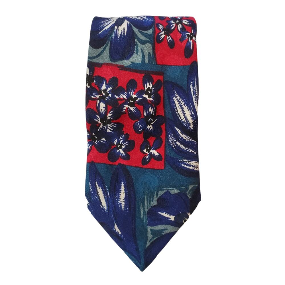 Vintage Ted Lapidus Mens Tie 100% Silk 57 X 3/34 Floral Red Blue Floral